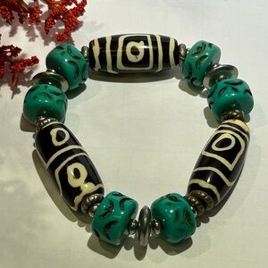 African Bracelet Barrel Black Batik Beads, Green accent, Stretch slide-on style